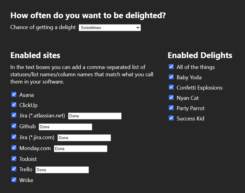 Delightful settings screenshot