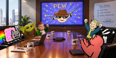 delightful characters in a boardroom setting cheering at pew pew on the screen